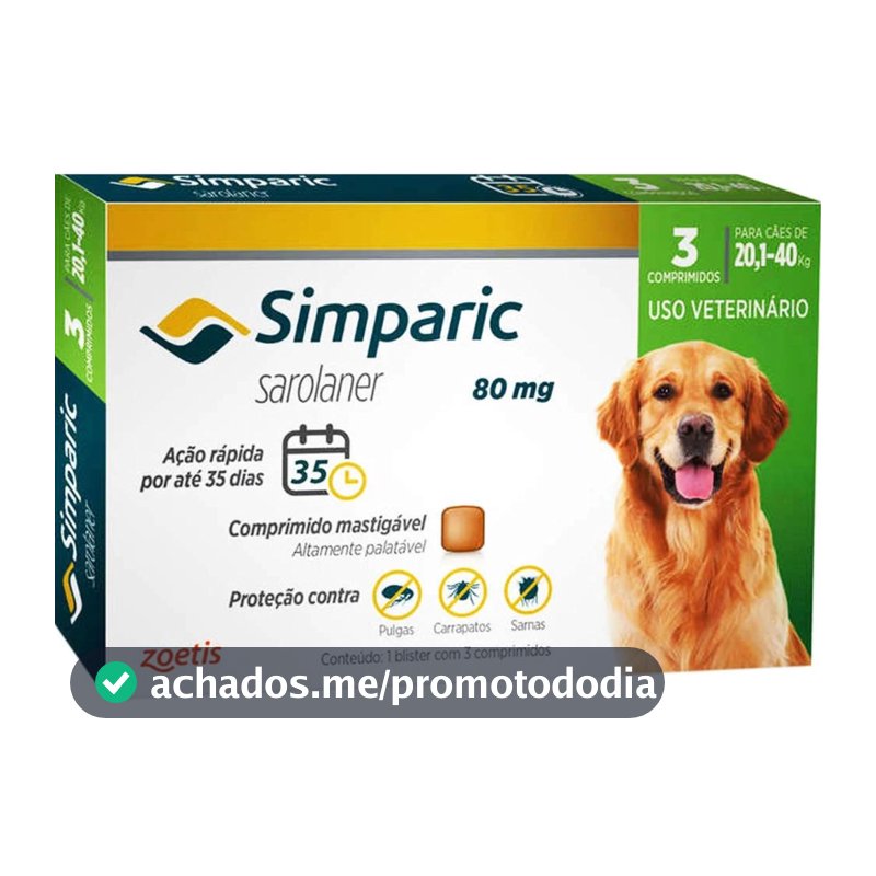 Simparic 80mg para de Cães 20,1 a 40kg - 3 Comp. - Zoetis