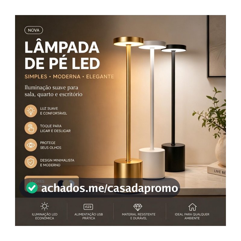 Luminária de Mesa Abajur Cabeceira Escrivaninha LED 3 em 1 Recarregável Tipo C Preto Cromado Dourado