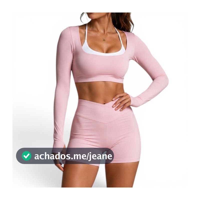 Conjunto Bicolor Manga Longa Decote Frio Short Curto Fitness Moda Gringa