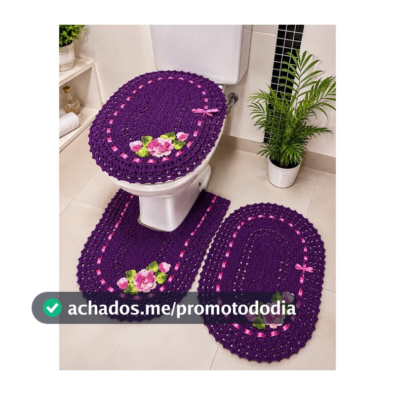 Jogo de Banheiro em Crochê 3 Pçs Colorido com Fita Bordado