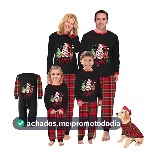 Conjunto De Pijamas De Natal Combinando Para A Família , É Temporada Linda Árvore Com Estampa De Chapéu De Papai Noel E