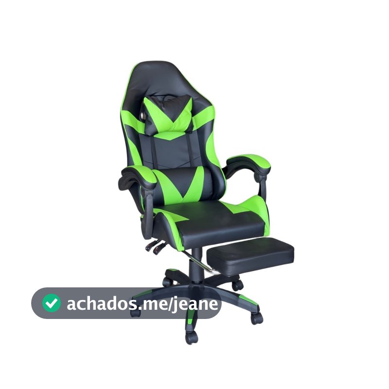 Cadeira Gamer Ergonômica Classic Com Apoio de Pés Verde em Couro Reclinável Com Rodinhas