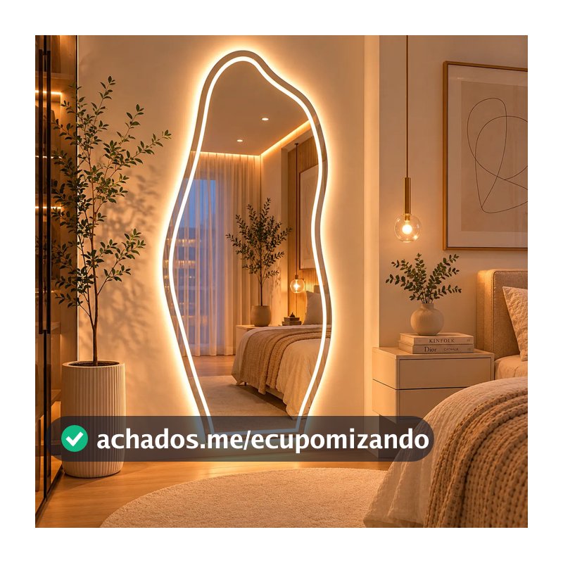 Espelho Grande Com Led Forte de 3 Cores e Botão Touch Jateado 90x40 Banheiro Quarto Sala Premium