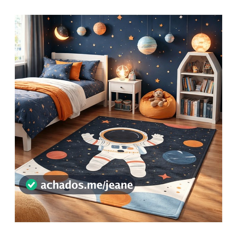 Tapete Infantil Decorativo 118x70cm Antiderrapante Sala, Quarto e Escritório Astronauta Espaço
