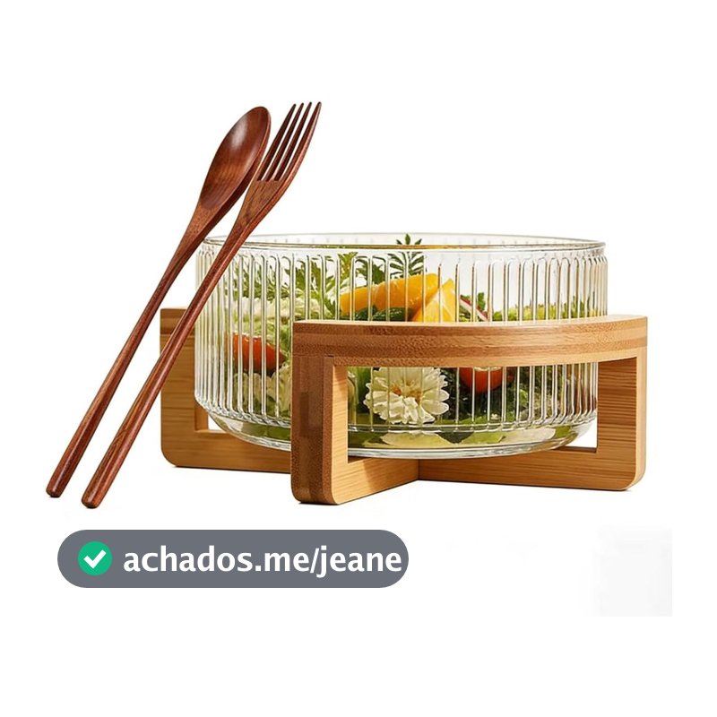 Tigela De Servir Extra Grande Com Utensílios E Base De Madeira-Vidro De Cálcio Durável Suporte De Bambu Rústico
