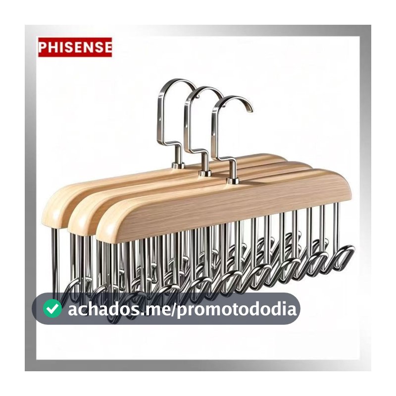 Kit 3 Cabides De Madeira Organizador Para Cintos Gravatas Colares Cachecóis E Sutiãs Com 8 Ganchos