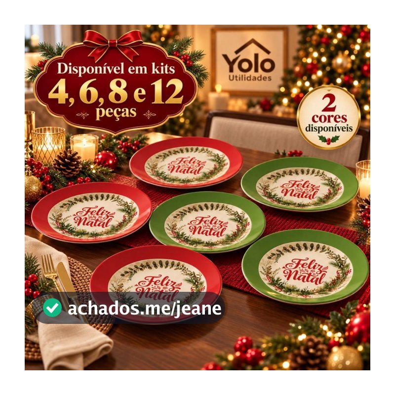 Kit 6 Pratos Grandes Redondos Natal 25cm Melamina Guirlanda Vermelho Verde Mesa Posta Jantar Ceia Festas