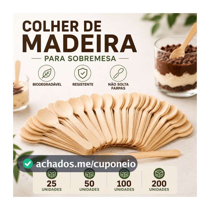 Kit 200 Colher de Sobremesa Madeira Bambu 9,5cm Descartável Biodegradável Festa Doces Açaí Sorvete Festas