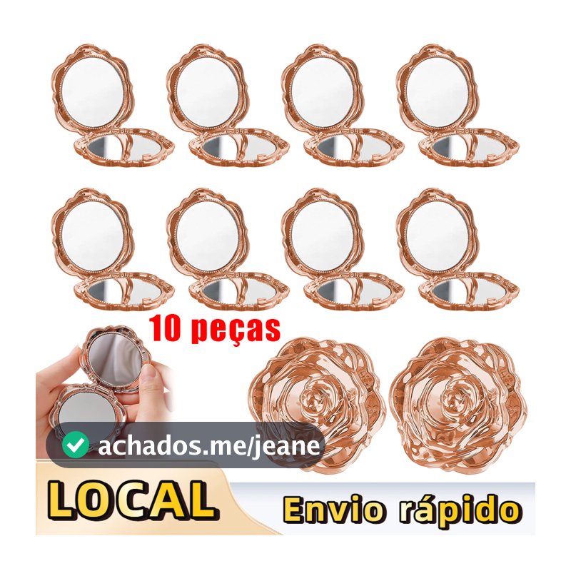 Kit 10 Espelho Portátil Rosa Flor 6,3cm – Espelho de Mão, Dupla Face, Metal Resistente, para Maquiagem, Rosa Gold
