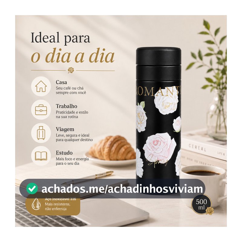 Copo Térmico 500 ml Interior Inox 316 com Filtro para Chá Tampa de Rosca e Base Antiderrapante Preto Floral