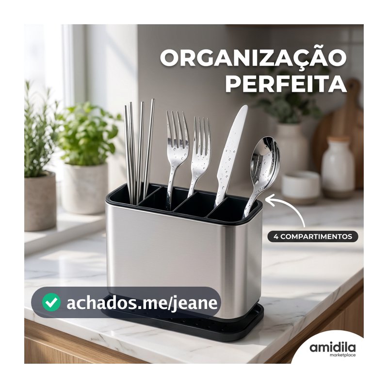 Porta-Talheres Escorredor Inox para Pia 4 Divisórias, Fácil Limpeza e Design Anticorrosão Vazado