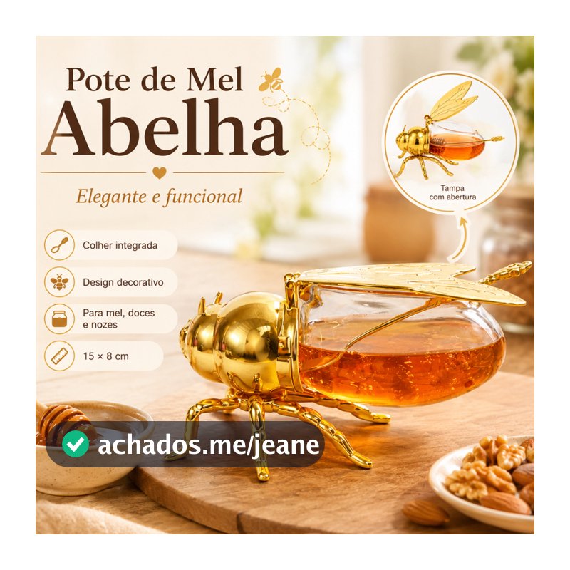 Meleira Abelha de Acrílico Dourada Com Colher