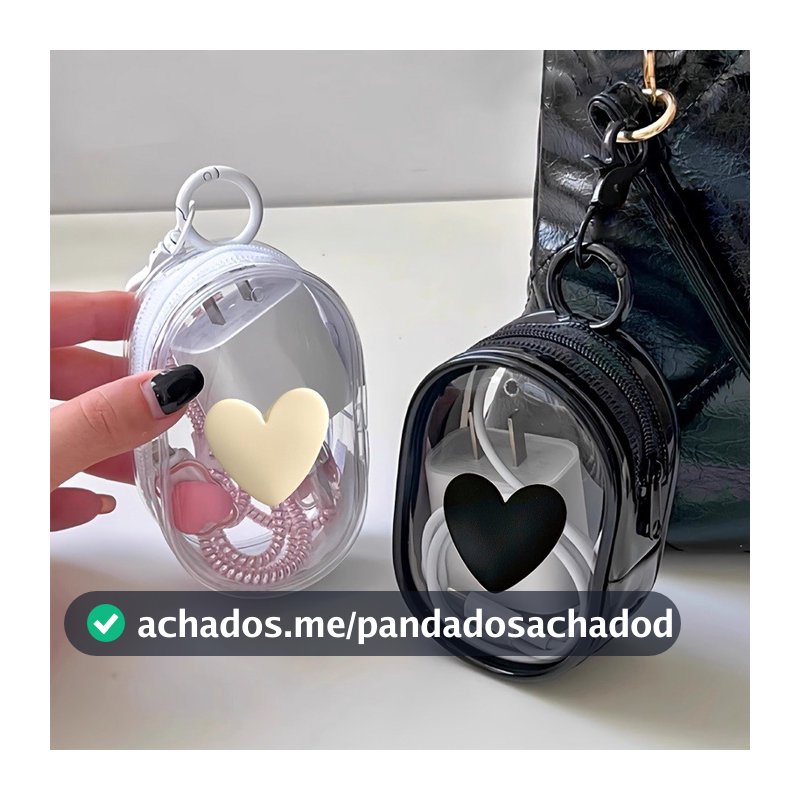 Carregador De Cabo De Dados 3D Love-Heart Bolsa De Armazenamento De Viagem Multifuncional Transparente Com Zíper E Chave