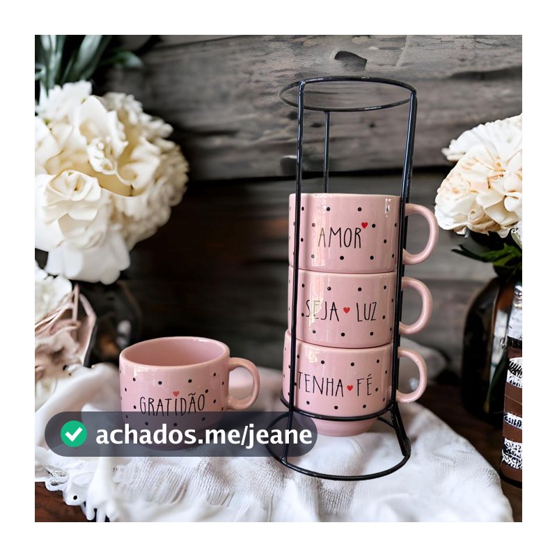 Jogo De Xícaras Café Chá Rosa Com Suporte Kit 4 Canecas Poá