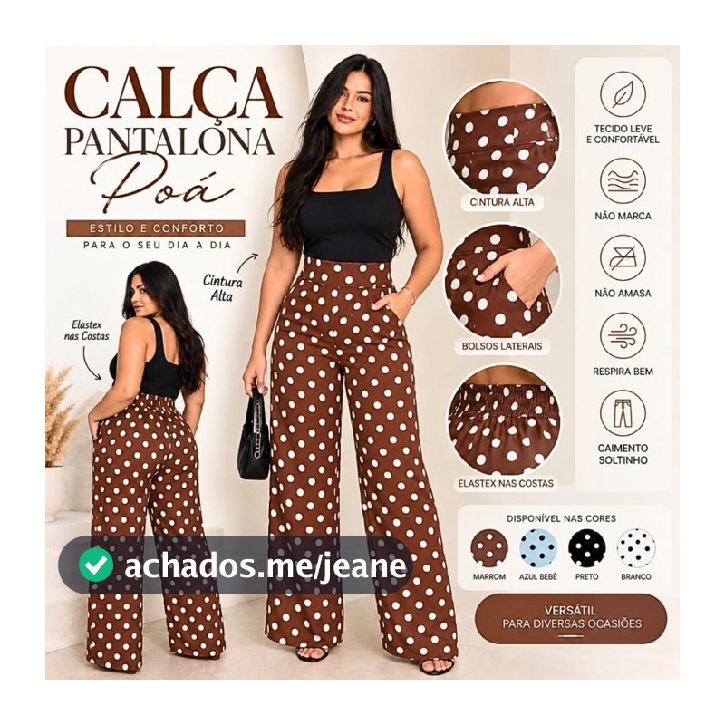 Calça Pantalona Feminina Poá Cintura Alta com Bolsos Laterais Elastex nas Costas Forrada Leve e Soltinha