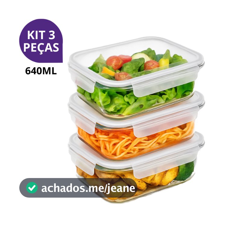Kit 3 Potes Hermético Vidro 640ml Marmita Fitness Tampa 4 Travas Para Microondas e Freezer