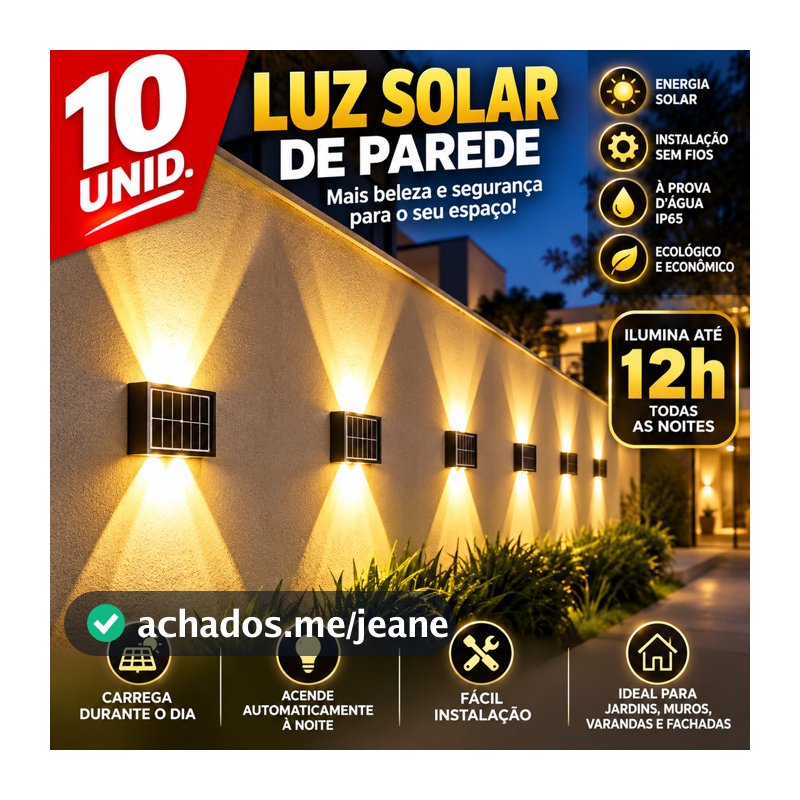 Até 10 Arandelas Solares Externas à Prova d'Água, Liga À Noite e Desliga de Dia Sozinha, Autonomia 12h ou 3h Luz Quente