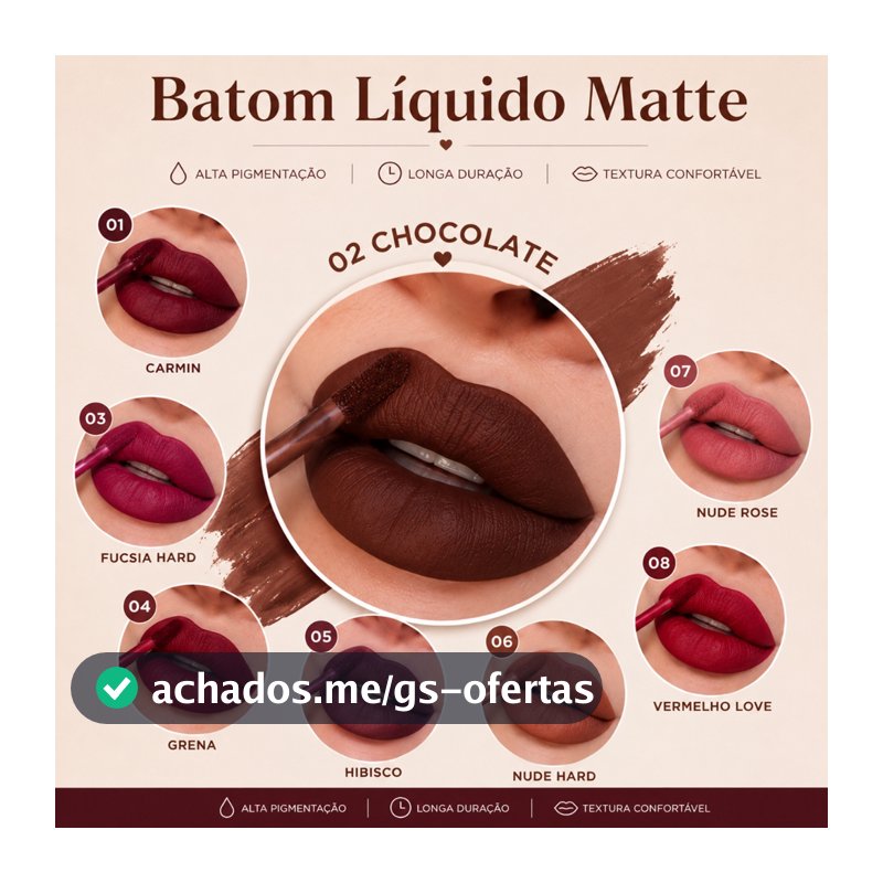 Batom Líquido Matte Mahav 4 ml 8 cores disponíveisCombina com Tudo