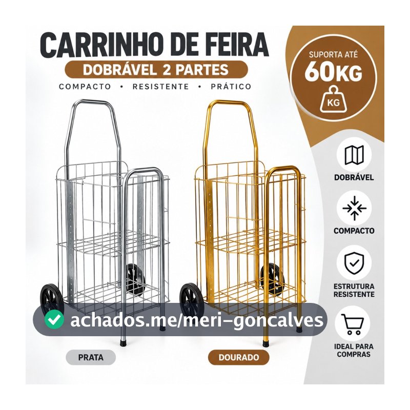 Carrinho De Feira Dobrável 2 Partes Dourado E Prata Compras Feira Compacto Ágil 60kg Reforçado