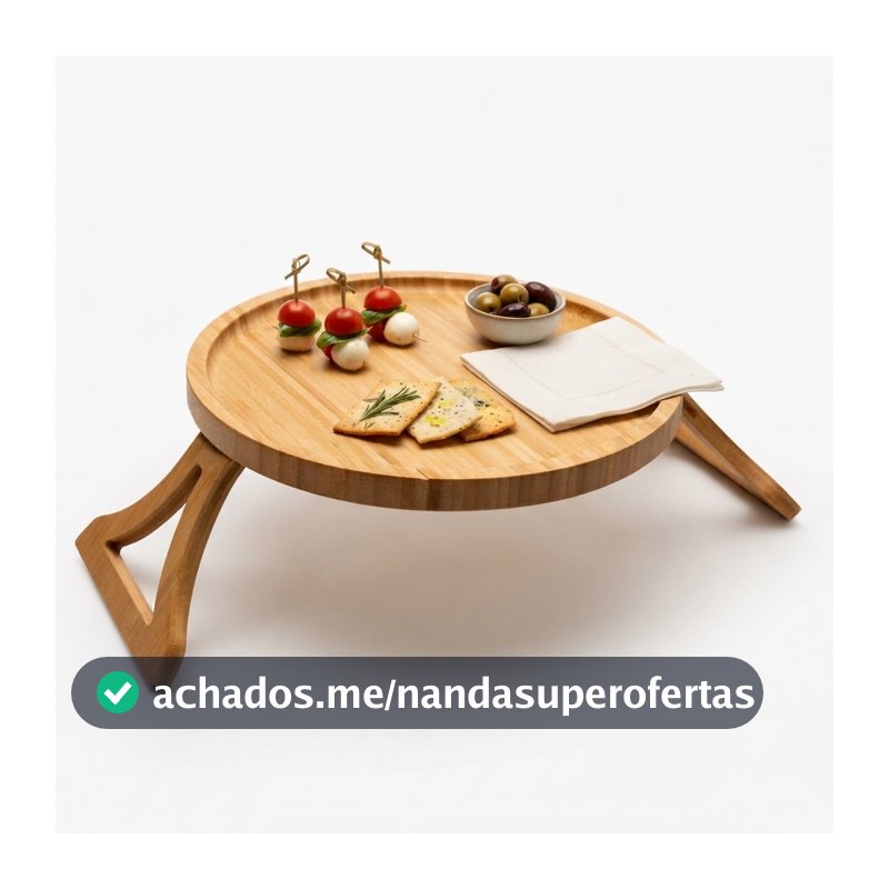 Bandeja Lyor de Bambu Dobrável para Braço de Sofá 25cm Suporte Flexível para Copos e Pratos na Sala Prática e Resistente