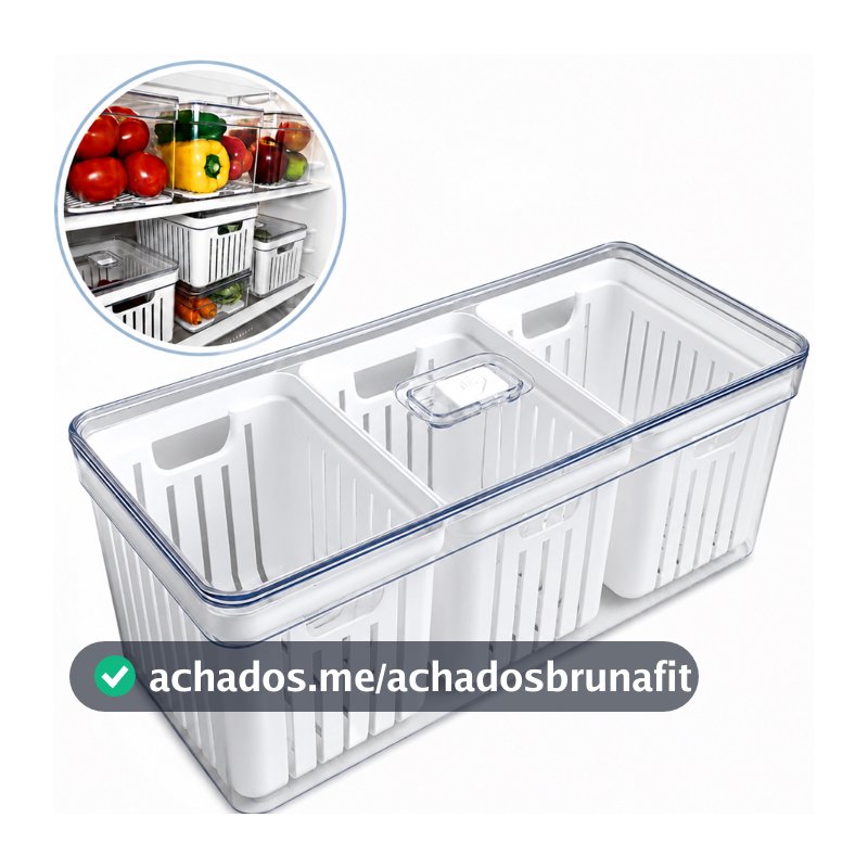 Organizador de Geladeira Grande Transparente 6,8L com 3 Cestos de Drenagem e Tampa