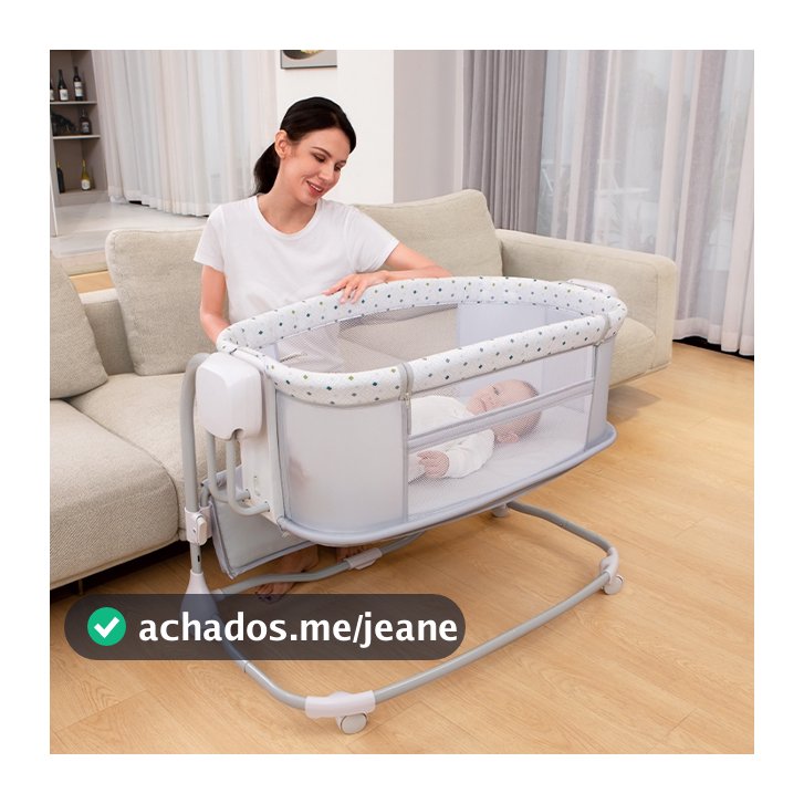 Berço Bluetooth até 18 Kg Balanço Automático Regulável Duas Alturas Cinza Claro Estampado - Mastela