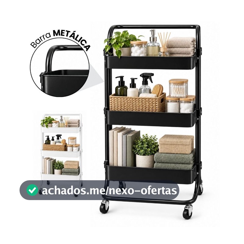 Carrinho Organizador Multiuso Com Rodinhas Manicure Banheiro Lavanderia 3 Prateleiras