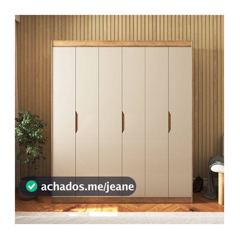 Roupeiro Alias Casal 170x147cm 6 Portas 2 Gavetas Design Retrô Puxador Cava Moderno Off White ou Cinza Industrial
