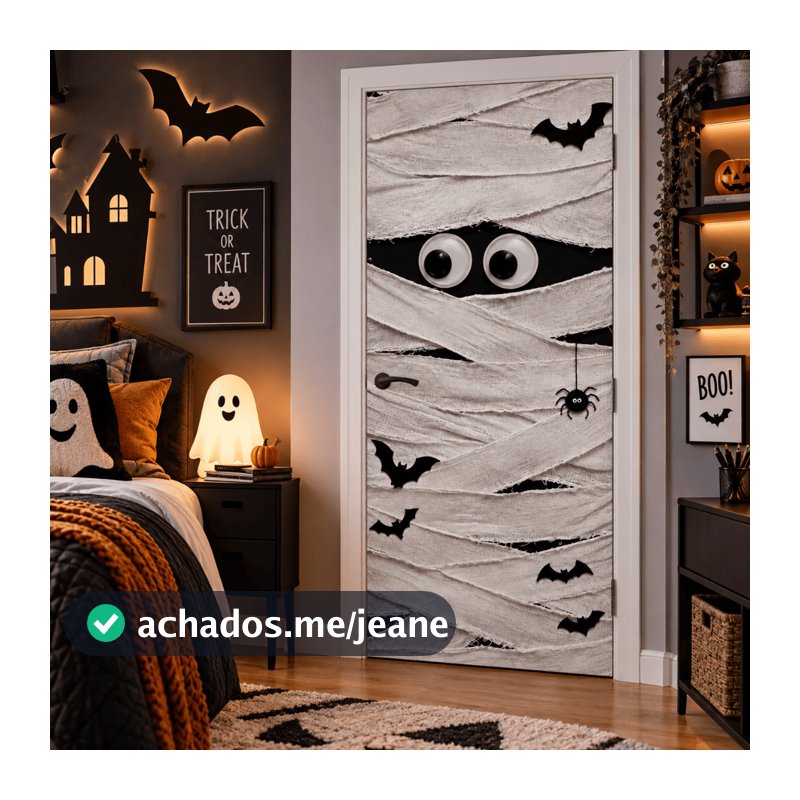 Capa de Porta Halloween Múmia Olhos Morcegos Aranha Decoração Festa Temática Dia das Bruxas