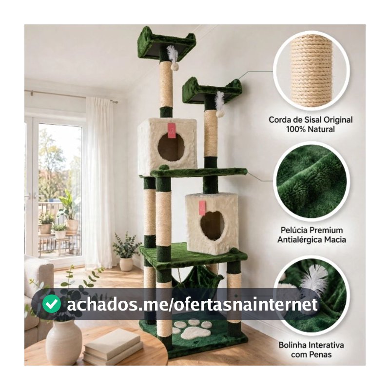 Arranhador Gigante 1,96m para Gatos com 2 Tocas, Rede e Sisal | Torre Casinha Petgrall