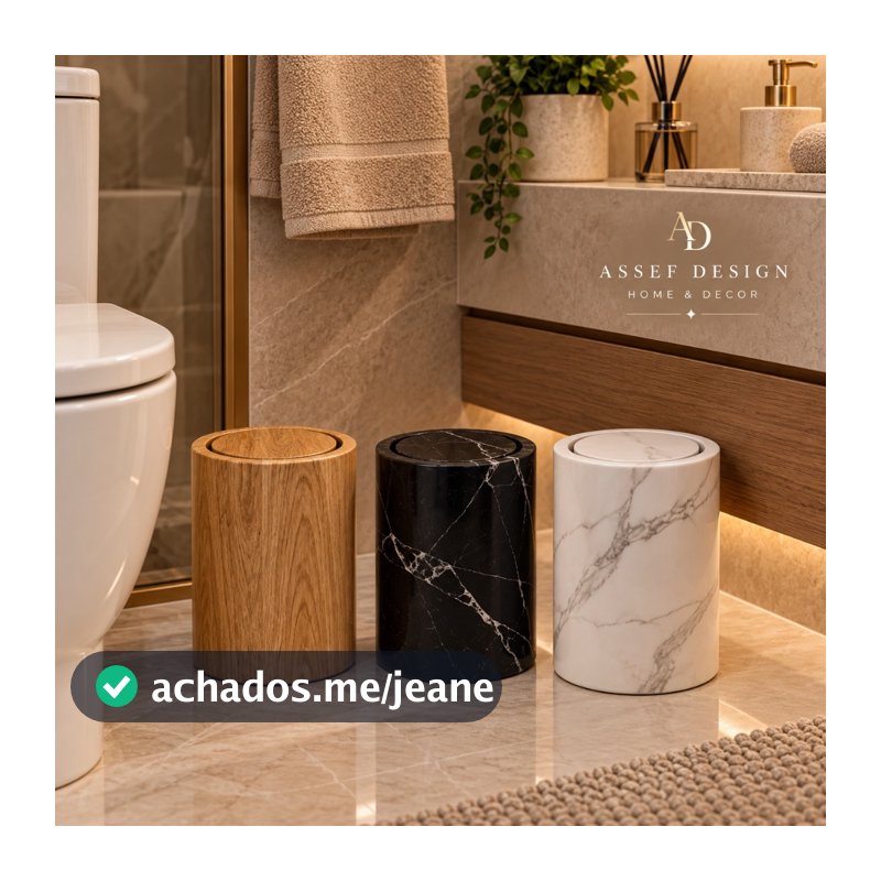 Lixeira Redonda Decorativa Premium para Banheiro – Design Moderno Mármore e Madeira - 7L