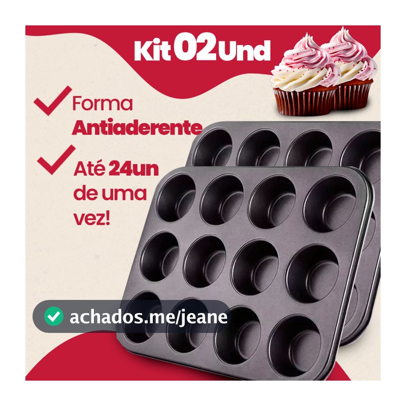 Kit 2 Formas Cupcake Antiaderente 24 Cavidades 12 Premium Assadeira Pão de Mel E Queijo Grande