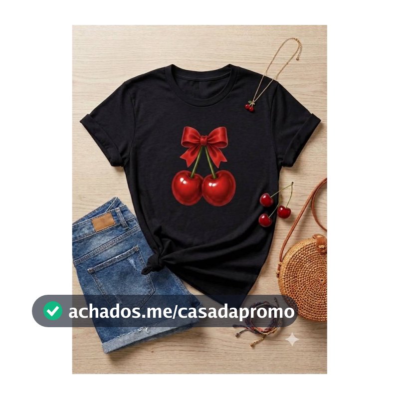 T-shirt Camiseta Plus Size Feminina Estampa De Cereja Tecido Macio Leve Confortável Reforçado