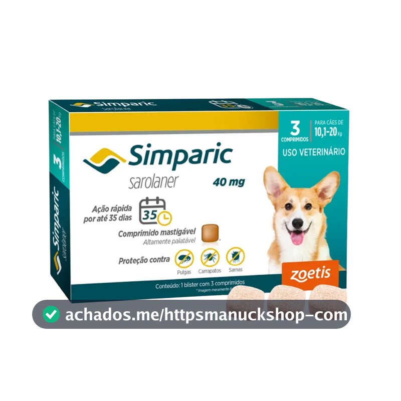 3 Comprimidos Simparic Cães 10,1 a 20 kg Antipulgas Carrapatos Sarna VENC FEV.27