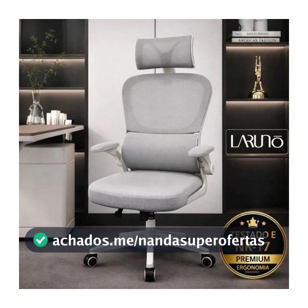 Cadeira de Escritório Ergonômica cinza Giratória com Apoio Lombar e Braços Ajustáveis - LARUNO