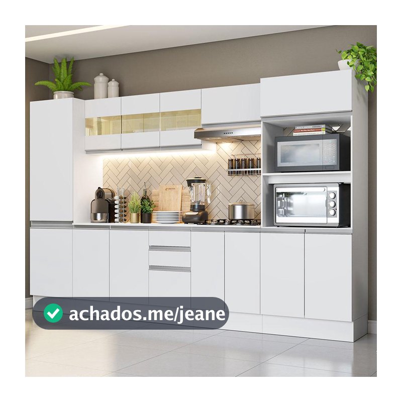 Armário de Cozinha Completa 100% MDF 300 cm Frentes Branco Smart Madesa 01