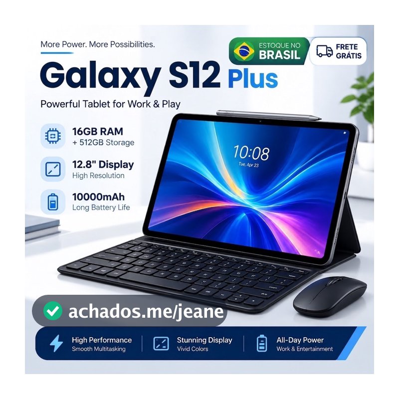 Tablet Galaxy S12 Plus 12.8" 16GB RAM 512GB com Teclado e Mouse Bateria 10000mAh - Pronta Entrega