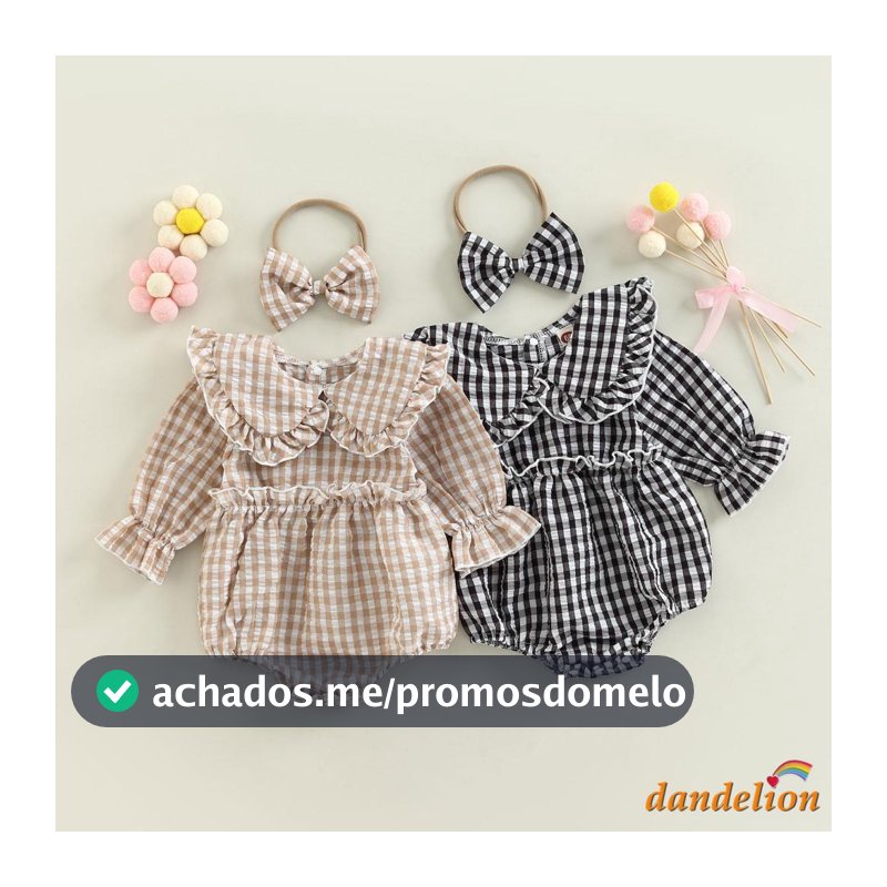 Dandelion-0-18 Meses Baby Girl Fall Outfit , Colarinho De Boneca Xadrez Manga Longa Romper Macacão + Faixa De Cabelo,Conjunto de Outono para  bebês Menina