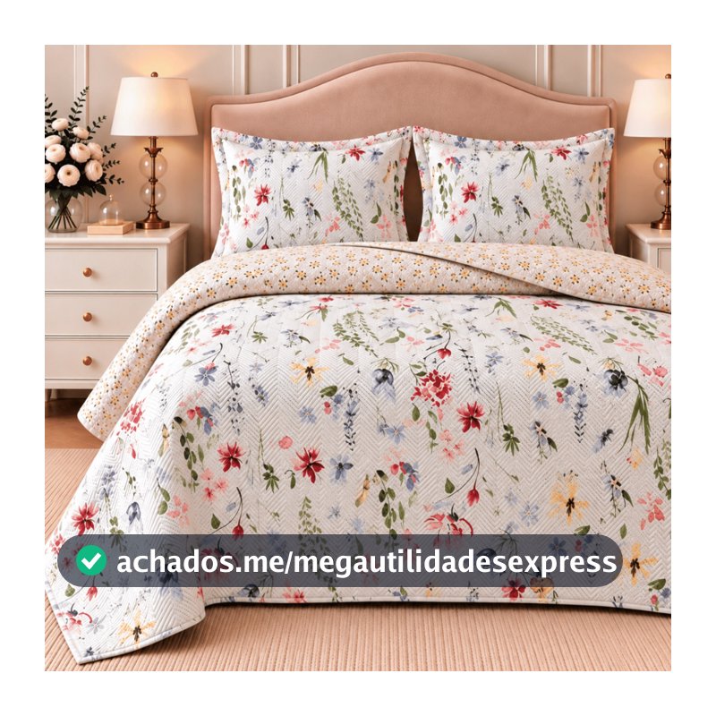 Kit Colcha Cobre Leito Casal Queen King Dupla Face Floral Estampada Matelada Boutis Super Macia