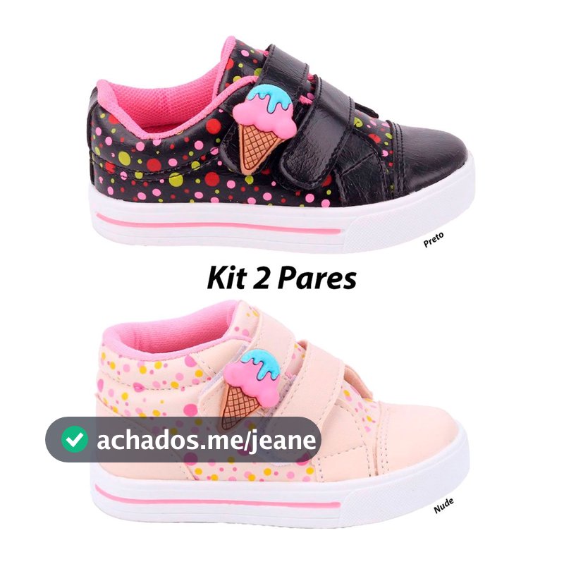 Kit 2 Pares Tênis Infantil Feminino Sorvetinho Bee Happy– Off White e Preto