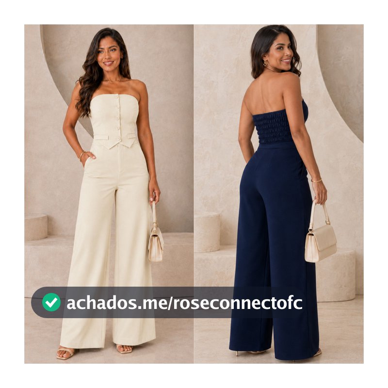 Conjunto Alfaiataria Cropped Tomara que Caia Social Elegante Calça Pantalona Blusa Elástico Lastex Botão Verão Feminino
