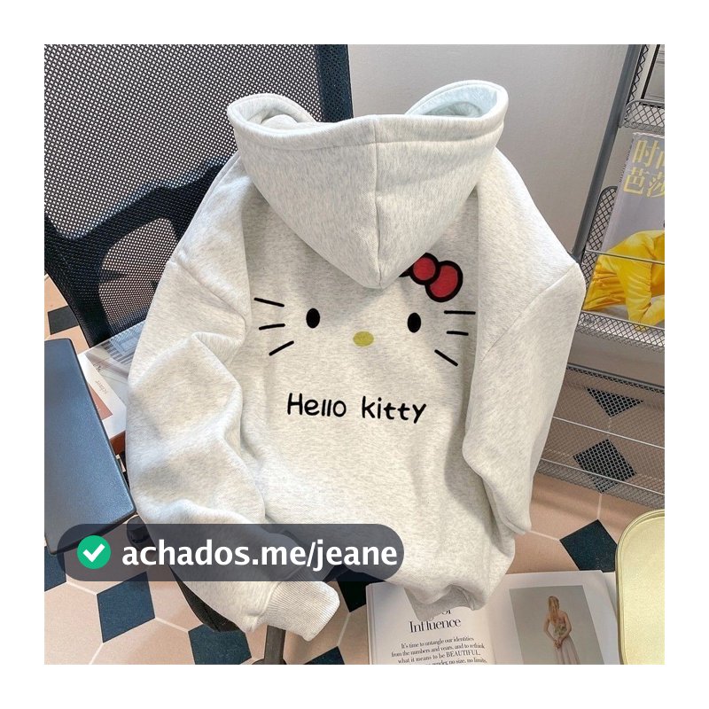 Moletom Blusa de Frio Infantil  Hello-Kitty Premium Flanelado Canguru Contorno Retro Streetwear