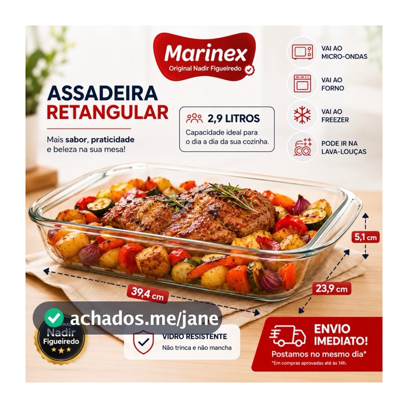 Forma Assadeira Travessa Lasanheira Retangular 2.9L Marinex Pirex Vidro Temperado Resistente