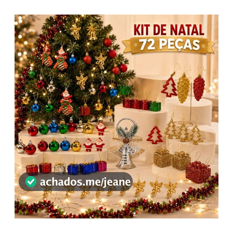 Kit 72 Peças Completo Enfeites de Natal para Árvore com Bolas Papai Noel Anjos Sinos Festão e Pisca-Pisca Natalino
