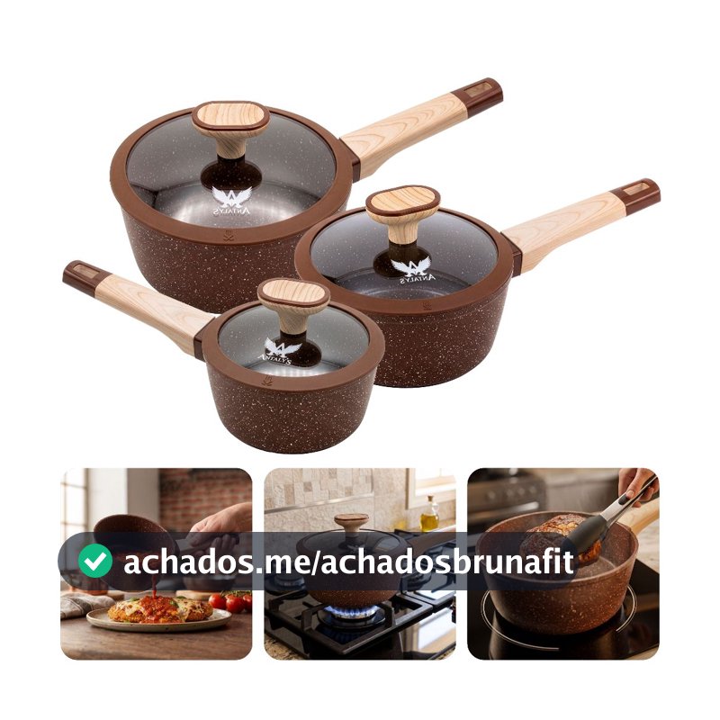 Jogo de Panela Caçarola Cabo Baquelite Cerâmica 6 Peças Revestimento Antiaderente Com Tampa de Vidro Silicone