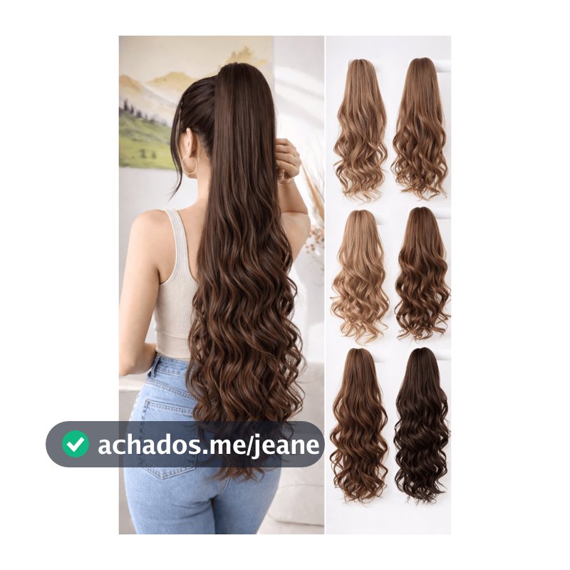Aplique Rabo de Cavalo Cabelo Cor Castanho Escuro Claro Médio Fibra Orgânica Liso Ondulado Enrolado Presilha Chocolate