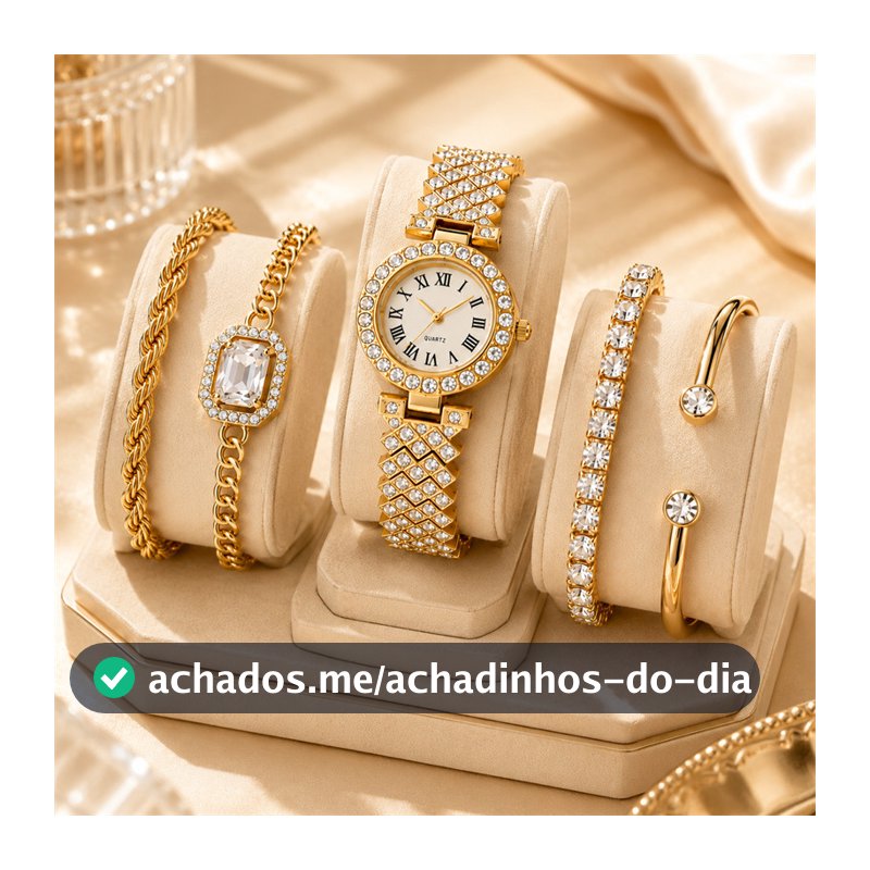 Kit Relógio Feminino com 4 Pulseiras Douradas 5 Peças Luxo