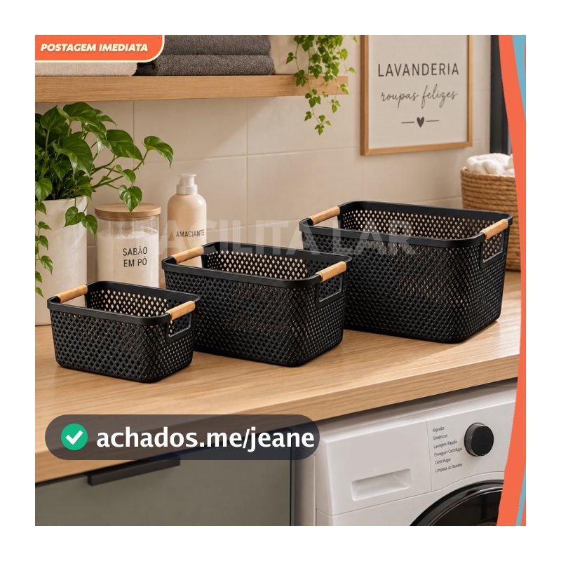 Kit Cesto organizador com alças em bambu – Multiuso para casa, banheiro, lavanderia e escritório