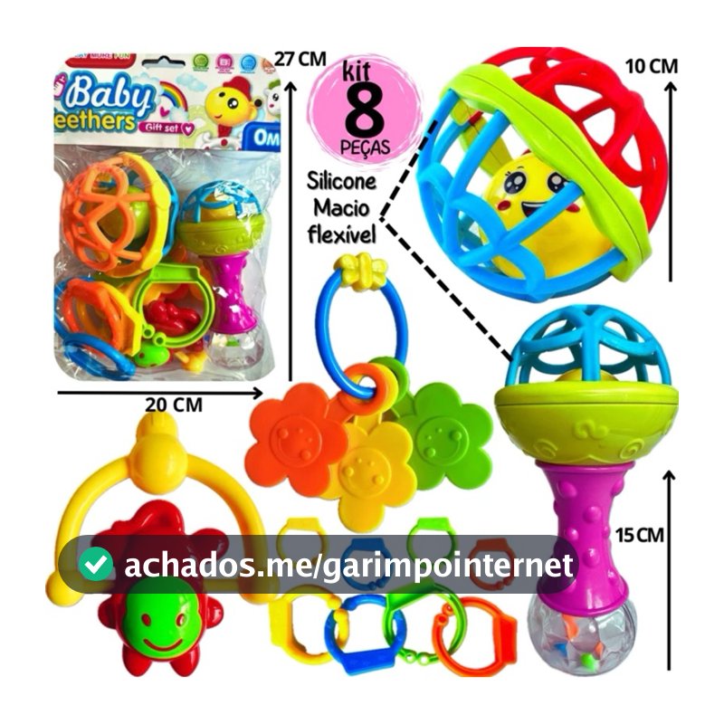 Kit Brinquedo Bebe Chocalho Mordedor Silicone Macio Bola Colorida 8 Peça Presente Para Menina e Menino Móbile para Berço