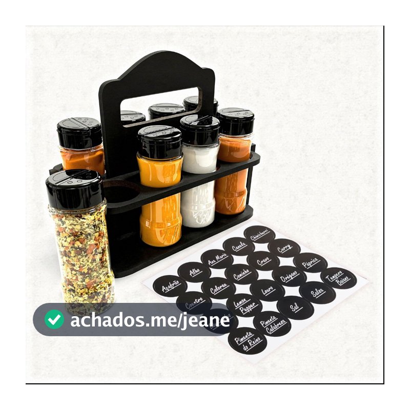 Potes de Tempero 130ml com Tampa Dupla + 1 Suporte Madeira com Alça + Etiquetas Adesivas